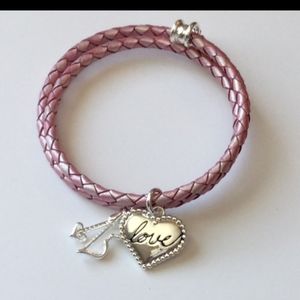 Pink Faux Leather Wrap Bracelet with Heart Charm